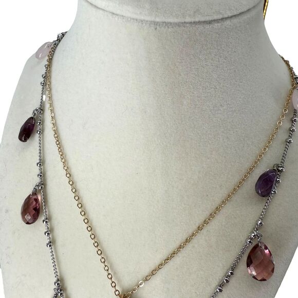 J. Jill Layered Necklace Faceted Glass Charms Iced Rose Quartz Teardrop Adjusts - Picture 5 of 15